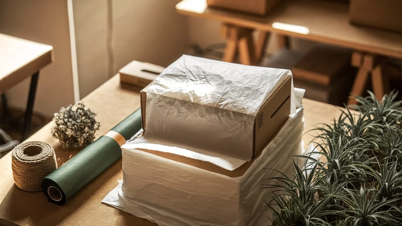 Packtisch mit schlichten Kartons, Seidenpapier und Schnur zum Versandfertigmachen
