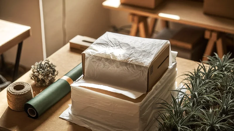 Packtisch mit schlichten Kartons, Seidenpapier und Schnur zum Versandfertigmachen